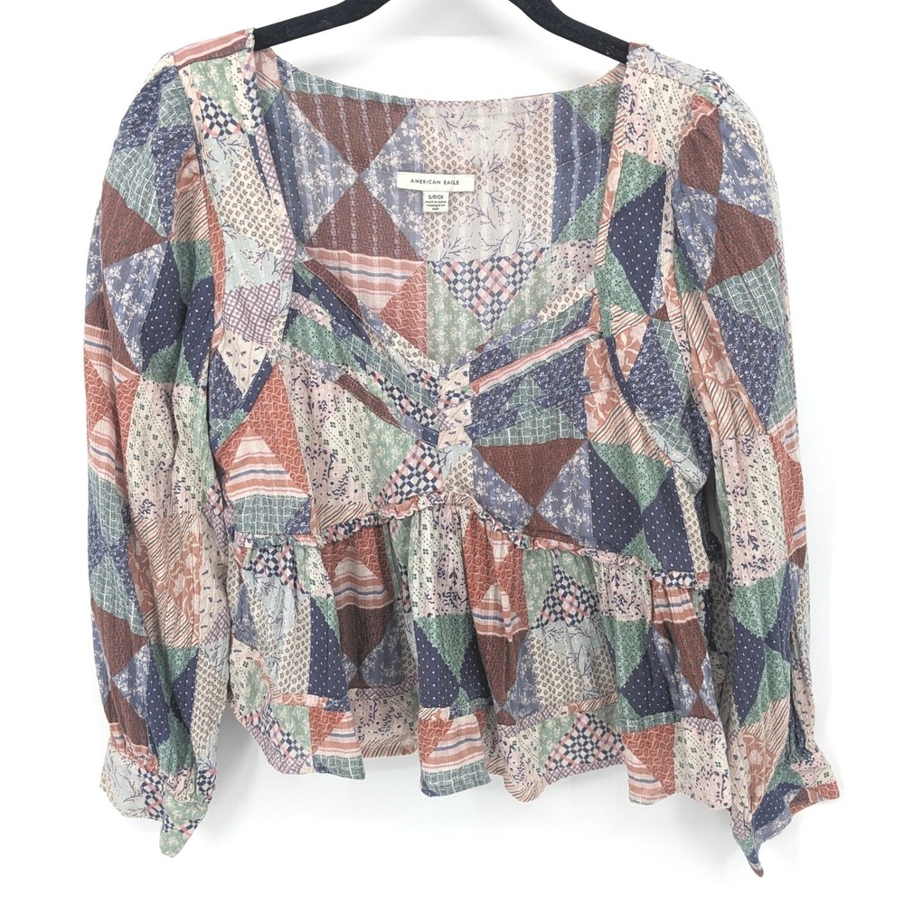 American Eagle Top S Multicolor Patchwork Peasant… - image 1
